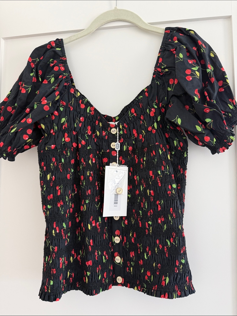 Caroline Constas Smocked Black Cherry Print Puff Sleeve Top